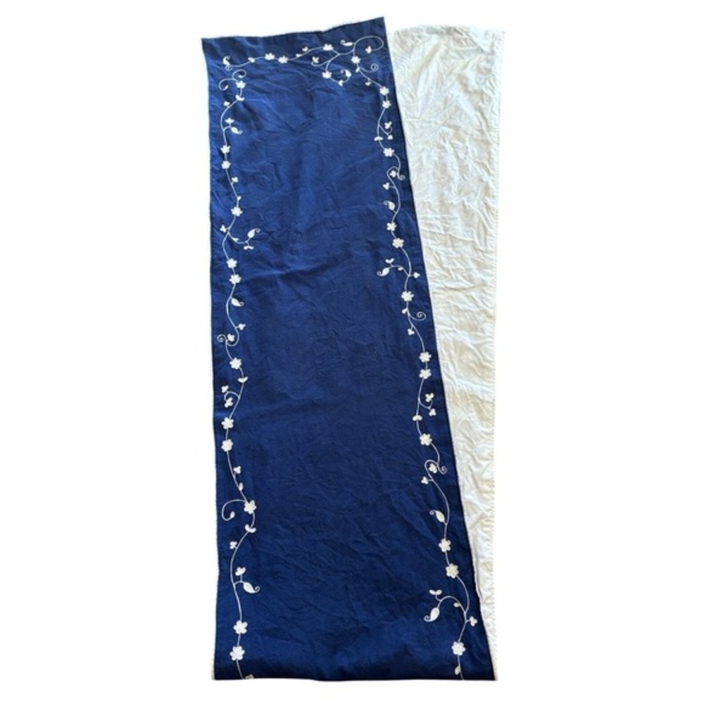 Pottery Barn Floral Embroidered Blue Cream Table Runner 108"x16" - Picture 5 of 8